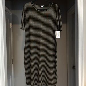 LuLaRoe Black and Gold Elegant Striped Midi Julia Dress